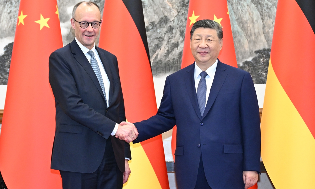 Chinese President Xi Jinping meets with German Chancellor Friedrich Merz, who is on an official visit to China, at the Diaoyutai State Guesthouse in Beijing on February 25.jpeg